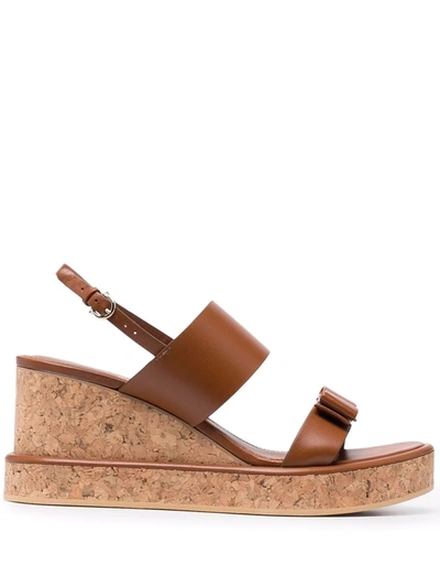 Ferragamo Giudith Leather Platform Wedge Sandals In Brown
