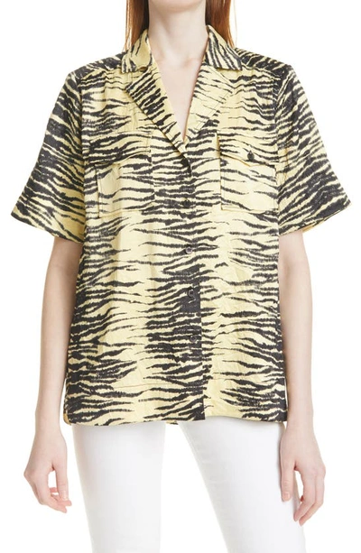 Ganni Tiger-print Crinkled Satin Shirt In Pale Banana