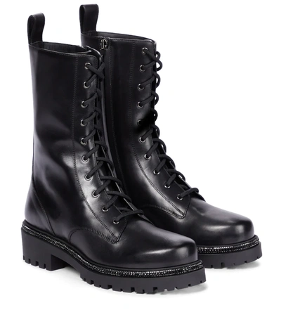 René Caovilla Strass Embellished Midsole Combat Boots In Black