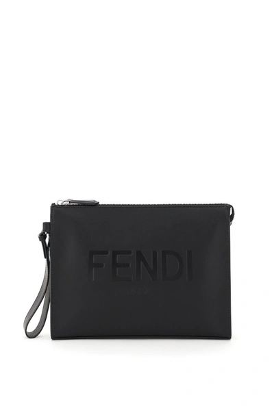 Fendi Script Leather Clutch In Black