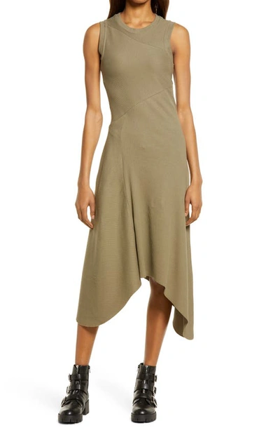 gia asymmetrical ribbed midi dress Allsaints Womens Khaki Green Asymmetric Cotton-blend 14 Size:15