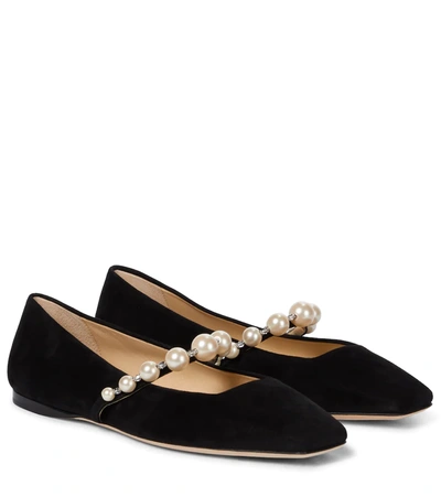 Jimmy Choo Ade Suede Pearly-stud Mary Jane Ballerina Flats In Black