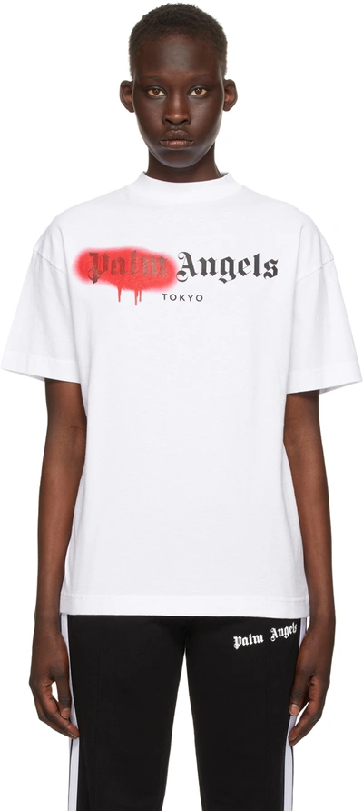 Palm Angels White & Red Sprayed Logo 'tokyo' T-shirt In White Red