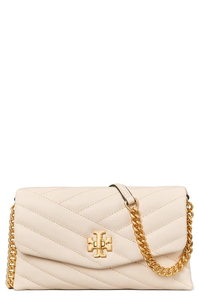 Tory Burch Kira Chevron Quilted Leather Wallet On A Chain In New Cream / Rolled Brass