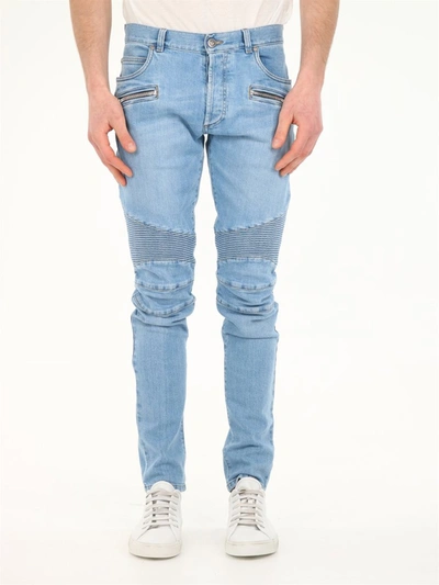 Balmain Biker Style Skinny Leg Jeans In Blue