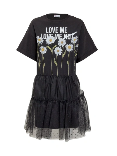 Red Valentino Daisy T-shirt Dress With Tulle In Black
