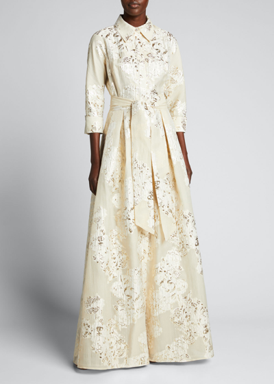 Rickie Freeman For Teri Jon Belted Jacquard Shirtdress Gown In Champagne