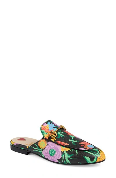 Gucci X Ken Scott Princetown Floral Print Loafer Mule In Black/ Pink/ Black