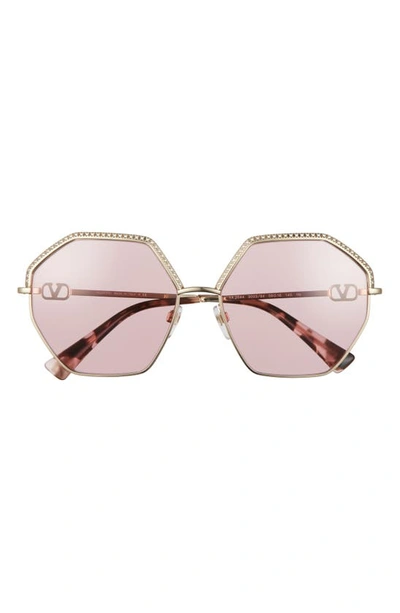 Valentino 59mm Crystal Trim Geometric Sunglasses In Pale Gold/ Pink
