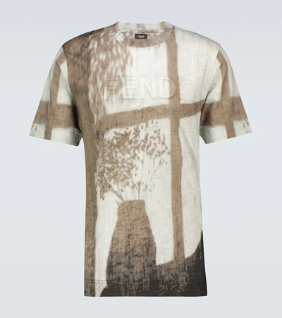 Fendi Printed Short-sleeved Linen T-shirt In Grey