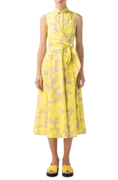 Akris Punto Magnolia Sleeveless Printed Poplin Midi Dress In Yellow
