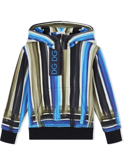 Dolce & Gabbana Kids' Jersey Hoodie With Painted Stripe Print In Blue Multi