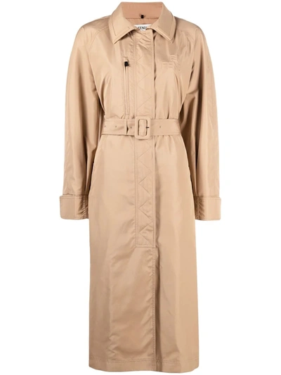 Fendi Belted Leather-trimmed Twill Trench Coat In Neutrals