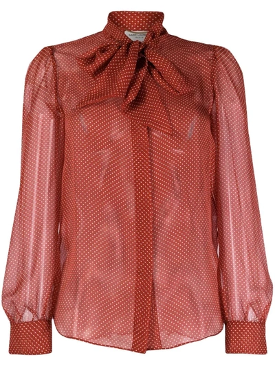 Saint Laurent Pussy-bow Polka Dot Shirt In Red