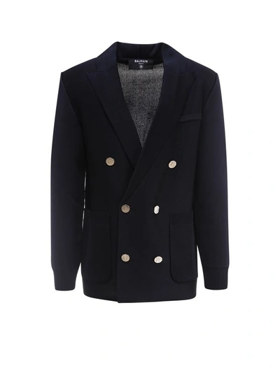 Balmain Viscose Double Breasted Blazer In Blue In Dark Blue