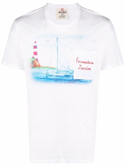 Mc2 Saint Barth White Linen Man T-shirt With Embroidery Pocket
