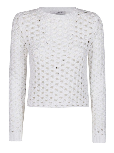 Valentino Open Knit Crewneck Jumper In White