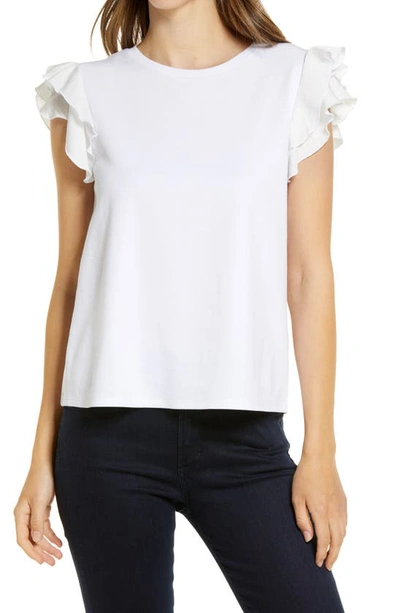 Vince Camuto Tiered Ruffle Sleeve Cotton Blend Top In White