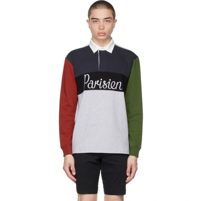 Maison Kitsuné Grey Colorblock 'parisien' Rugby Long Sleeve Polo In Grey
