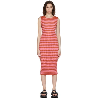 Issey Miyake Pink Striped Spongy Dress In 37-orange-hued