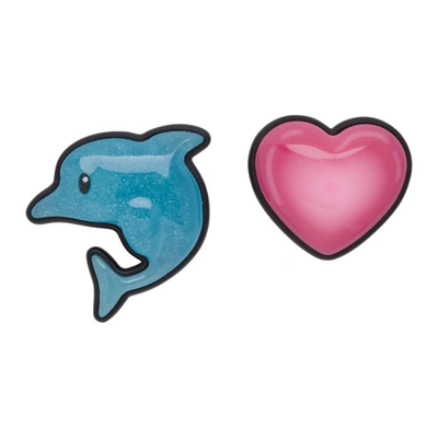 Balenciaga Blue & Pink Sticker Dolphin & Heart Earrings In 1765 Turquoise/pink/