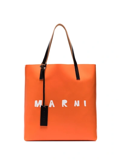 Marni Logo Fabric And Leather Tote Bag In Indian Orange Lily White Red Black