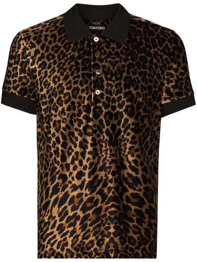 Tom Ford Men's Mixed-media Leopard Polo Shirt In Brown