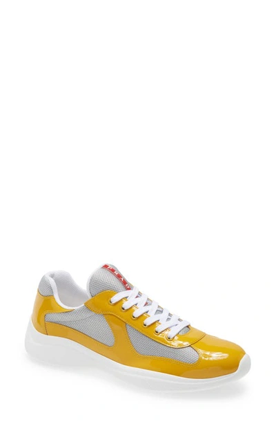 Prada America's Cup Patent Leather & Technical Fabric Sneakers In Gold Argento