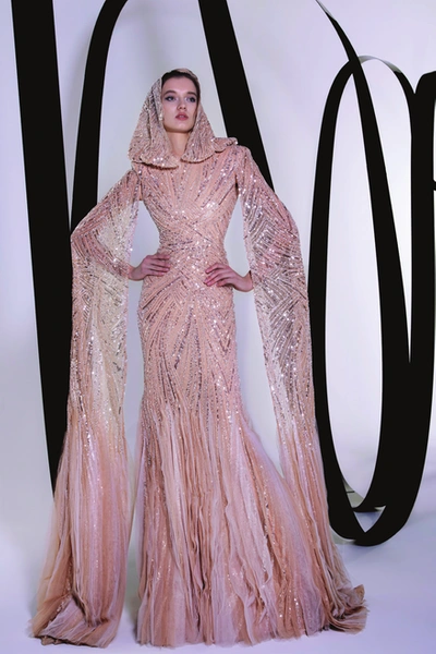 Tony Ward Beaded Hoodie Cape Sleeve Gown