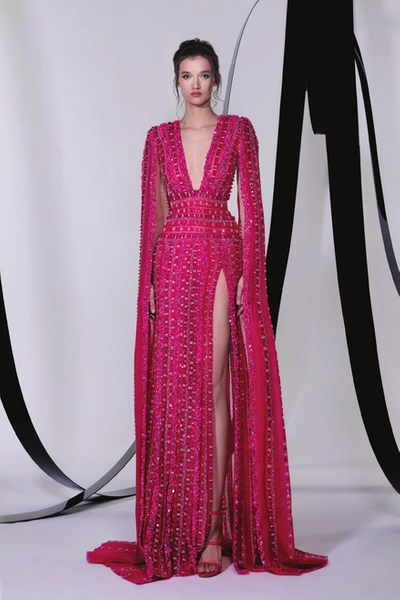 Tony Ward Embellished Slit Cape Sleeve Gown In Pink