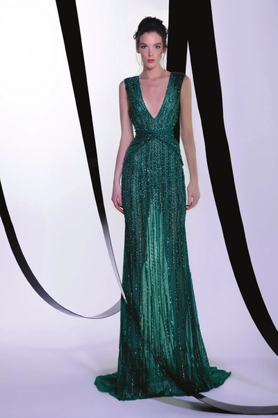 Tony Ward Embroidered Deep V Neck Gown