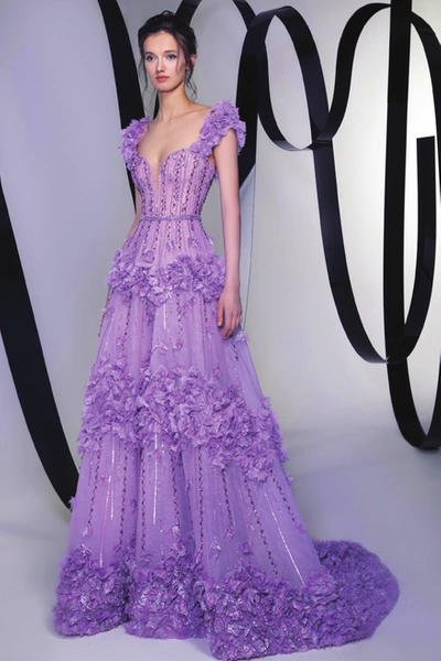 Tony Ward Beaded Embellished Applique Gown In Purple