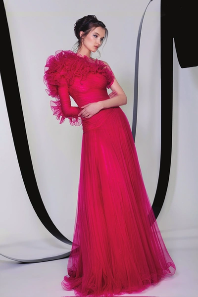 Tony Ward One Shoulder Ruffled Tulle Gown