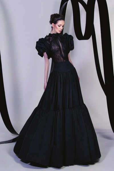 Tony Ward Puffy Sleeve Taffeta Gown