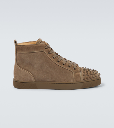 Christian Louboutin Louis Grosgrain-trimmed Spiked Suede High-top Sneakers In Beige