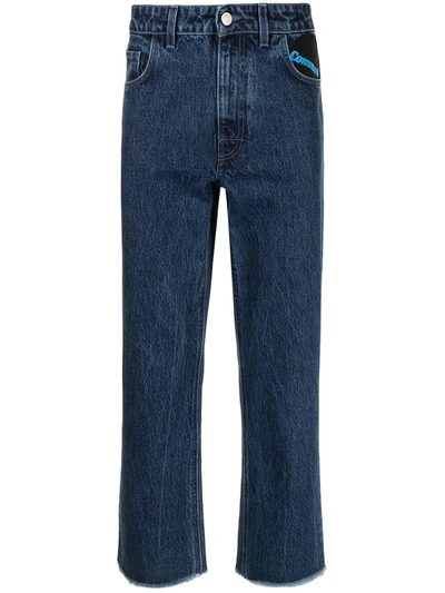 Raf Simons Logo-patch Cropped Raw-edge Jeans In Blue