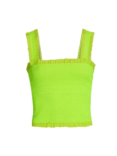 Alice And Olivia Penelope Smocked Ruffle Crop Top In Neon Key Lime