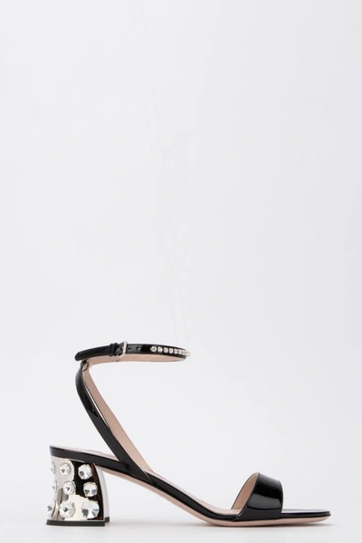 Miu Miu Crystal Embellished Heel Sandals In Black