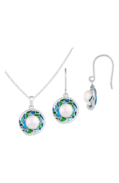 Splendid Pearls Enamel Freshwater Pearl Necklace & Earrings Set In White