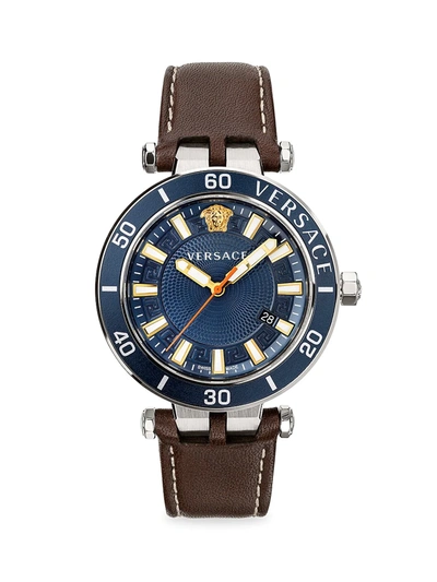 Versace Greca Sport Stainless Steel & Leather-strap Watch In Blue