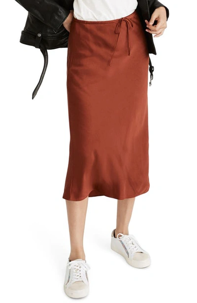 Madewell Drawstring Midi Slip Skirt In Dusty Redwood
