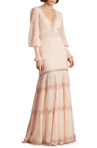 Tadashi Shoji Pintuck Detail Long Sleeve Gown In Petal