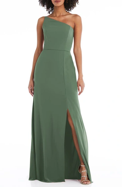 After Six Dessy Collection Skinny One-shoulder Trumpet Gown With Front Slit In Vineyard Green