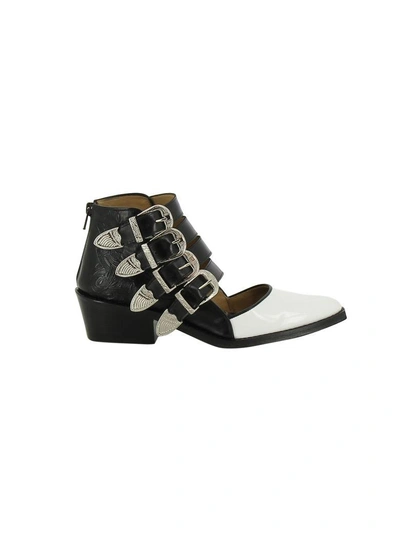 Toga Cut Out Buckled Ankle Boots In White-patent Black