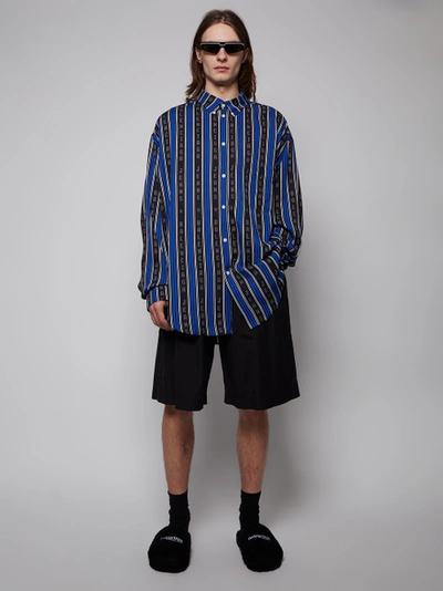 Balenciaga Striped Logo Button Up Shirt, Black And Blue