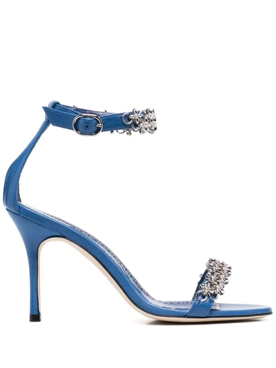 Manolo Blahnik Rekik Leather Chain Ankle-strap Sandals In Blue