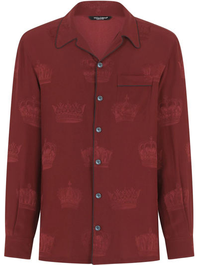 Dolce & Gabbana Silk Pajama Shirt With Crown Print In Bordeaux