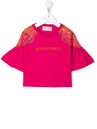Alberta Ferretti Kids' 刺绣钟形袖t恤 In Pink