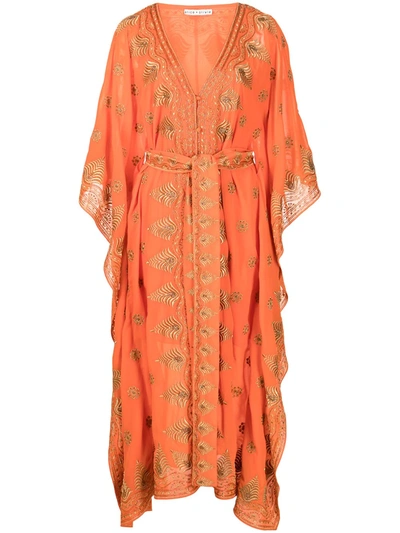 Alice And Olivia Marva Embroidered Belted Maxi Caftan In Sienna Gold |  ModeSens