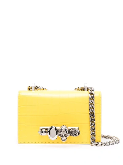 Alexander Mcqueen Mini Croc-embossed Jewelled Leather Satchel In Yellow